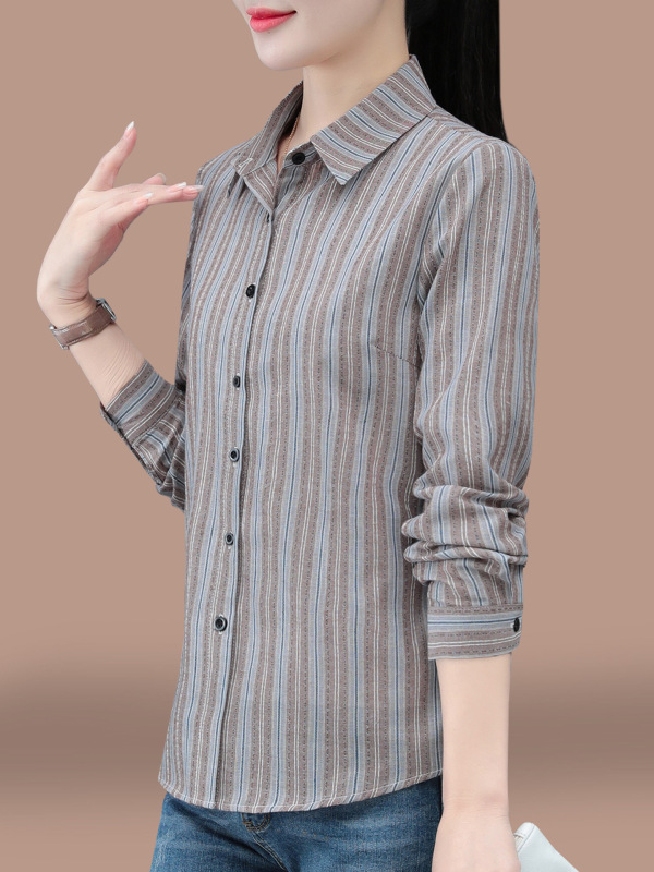 格子长袖衬衫女款春秋2025新款中年女装洋气减龄条纹衬衣纯棉上衣|undefined