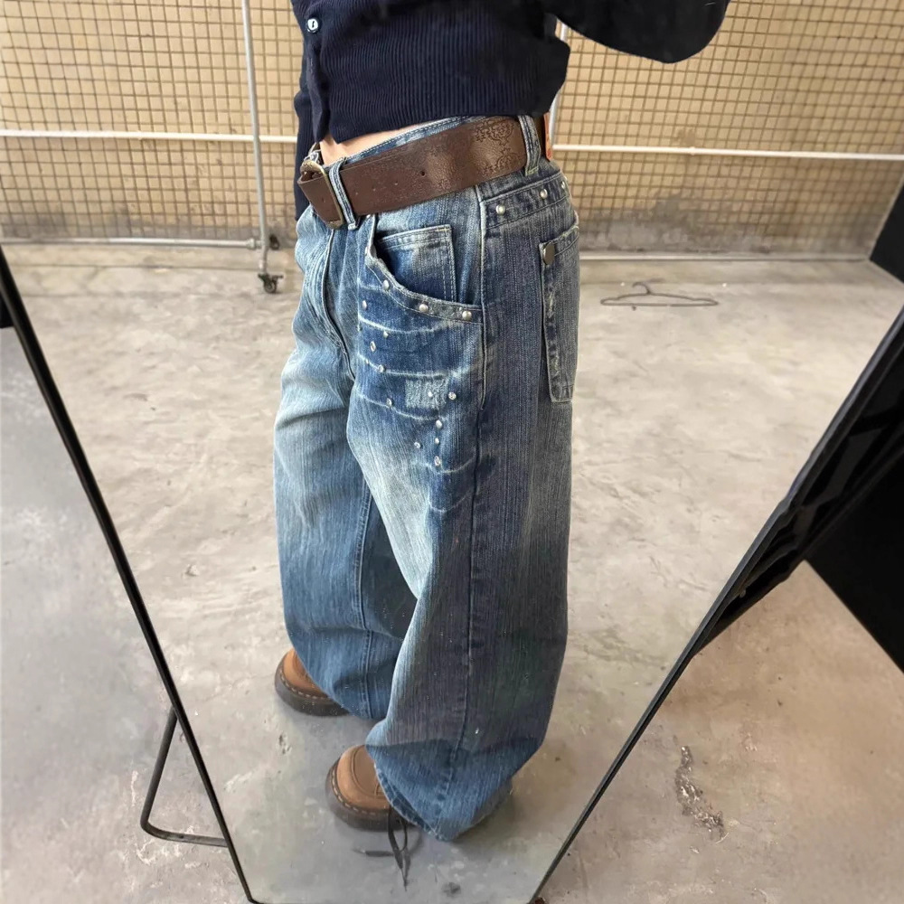 American Retro Rivet High-Waisted Straight-Leg Jeans for Women, High Street Design, Loose and Slimming Wide-Leg Floor-Length Pants