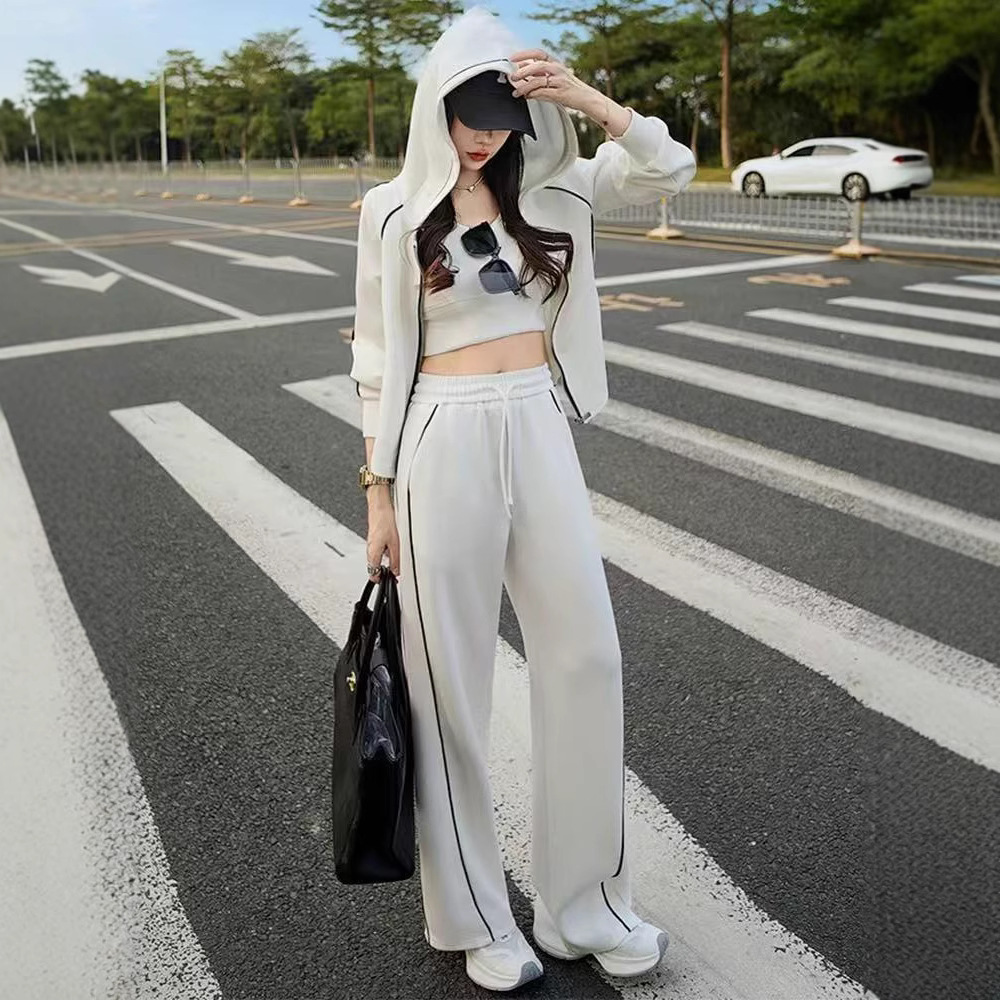 Casual Sports Sweatshirt and Pants Set for Women, Spring and Autumn Style, Hooded Zip-Up Sweatshirt, Slim Fit, Comfortable, Factory Ready Stock