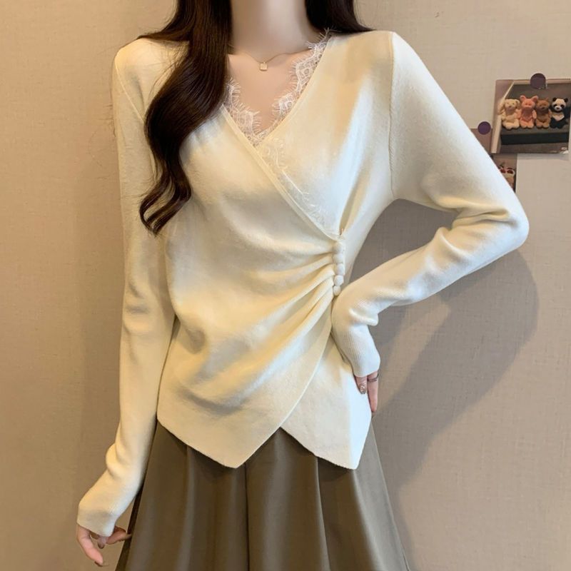 大码德绒设计感蕾丝拼接V领长袖T恤女秋冬季新款不规则交叉打底衫|undefined