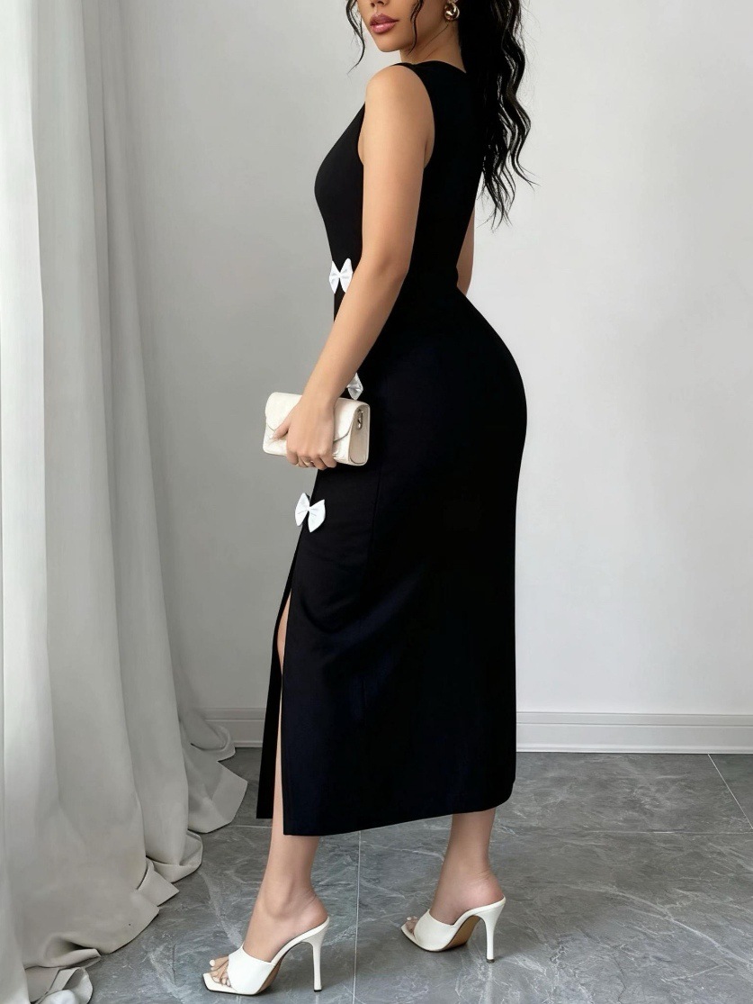 Elegant Knit Maxi Dress With High Slit – Stretchy Bodycon Long Dress For Women (Black, S-XL)_ecoleips.com