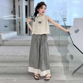 夏装时尚休闲阔腿裤时髦背心童装新款格子无袖两件套女童套装ins