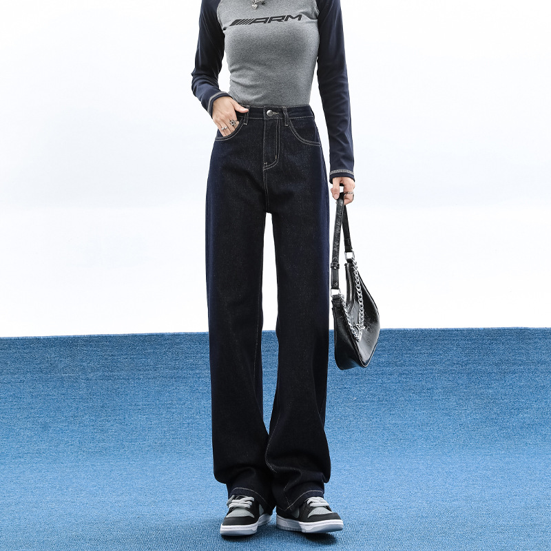 美式復古筒染工藝牛仔藍超手感不掉色柔軟闊腿拖地牛仔褲女潮