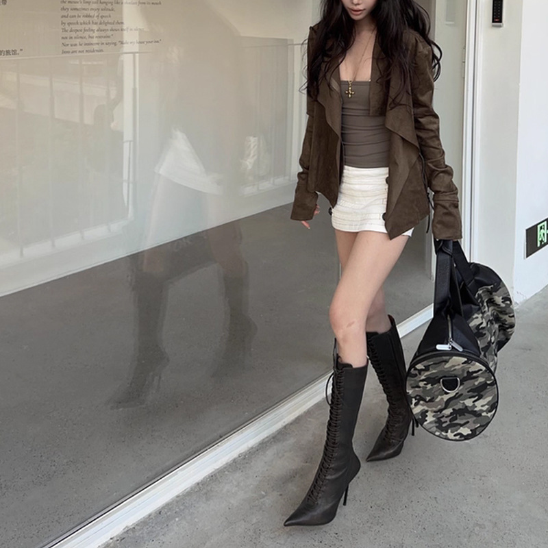 MENGXIANG ▏视觉系麂皮翻领立体裁剪修身短款夹克外套设计感女装|undefined