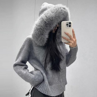25 Autumn and Winter New Style Hooded Short Fashionable Knitted Cardigan Small Imitation Fox Fur Collar Outwear Women's Sweater