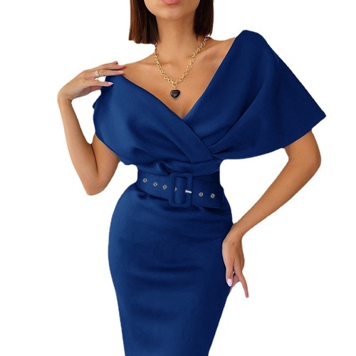 2024 European and American Women's Autumn New Elegant Off-the-Shoulder High-Waisted Waist-Showing Belted Dress Air