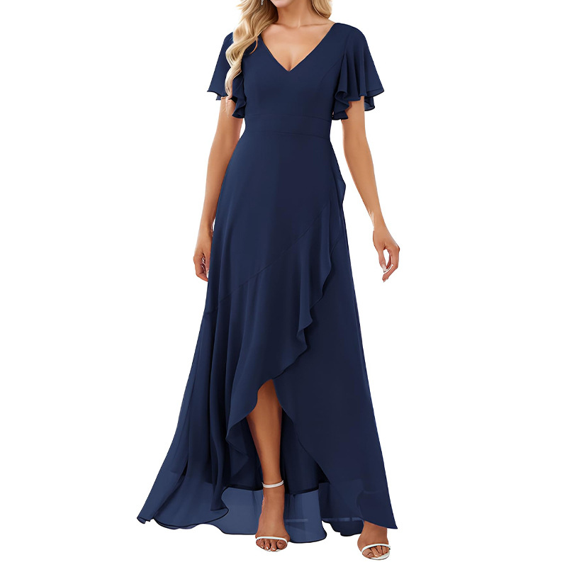 Amazon's New Ladies Double V Neck Backless Chiffon Dress Pure Color Short-sleeved Long Dress Banquet Bridesmaid Evening Dress
