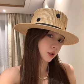 拉菲草帽女防晒遮阳帽子沙滩平顶夏季韩版百搭日系编织波点渔夫帽