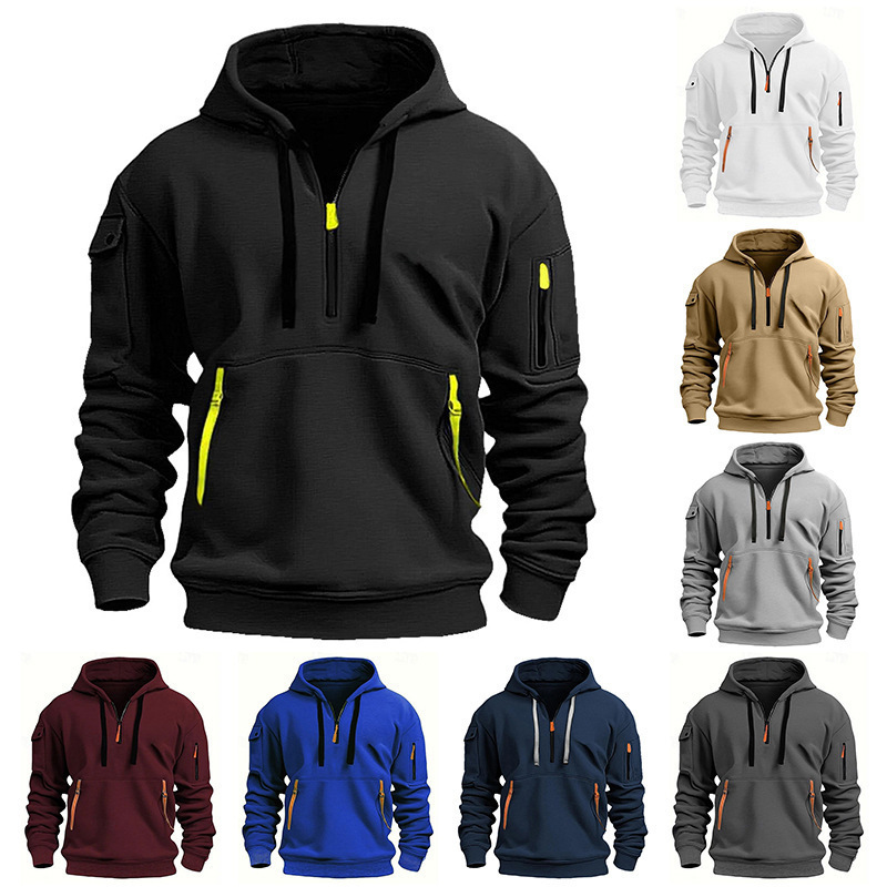 Cross-Border Spring and Autumn Men's Sweatshirt Hoodie with Half-Zip, Multiple Pockets, and Webbing, Men's Sports Casual Pullover