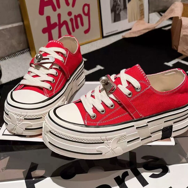 2026 Red Metal Buckle Shell Toe Lace-Up Thick-Soled Platform White Casual Sneakers Canvas Shoes Women's Shoes 2026 Red Metal Buckle Shell Toe Lace-Up Thick-Soled Platform White Casual Sneakers Canvas Shoes Women's Shoes