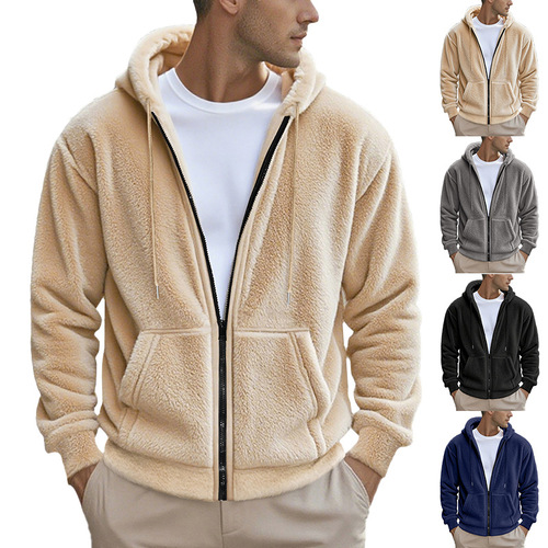 Cross-border menswear American-style autumn and winter thick double-sided fleece zipper loose open sweater casual hooded jacket hoodie men