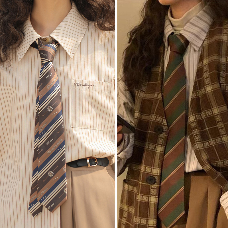 Coffee Striped Tie Women's Vintage Color Contrast Green Hand Tie Antique vintage Casual All-match Brown Trendy Shirt