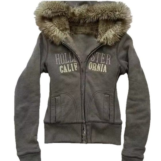 Foreign Trade American Retro Letter Embroidery Autumn and Winter Wool Collar Hooded Cardigan Jacket Sweater Top