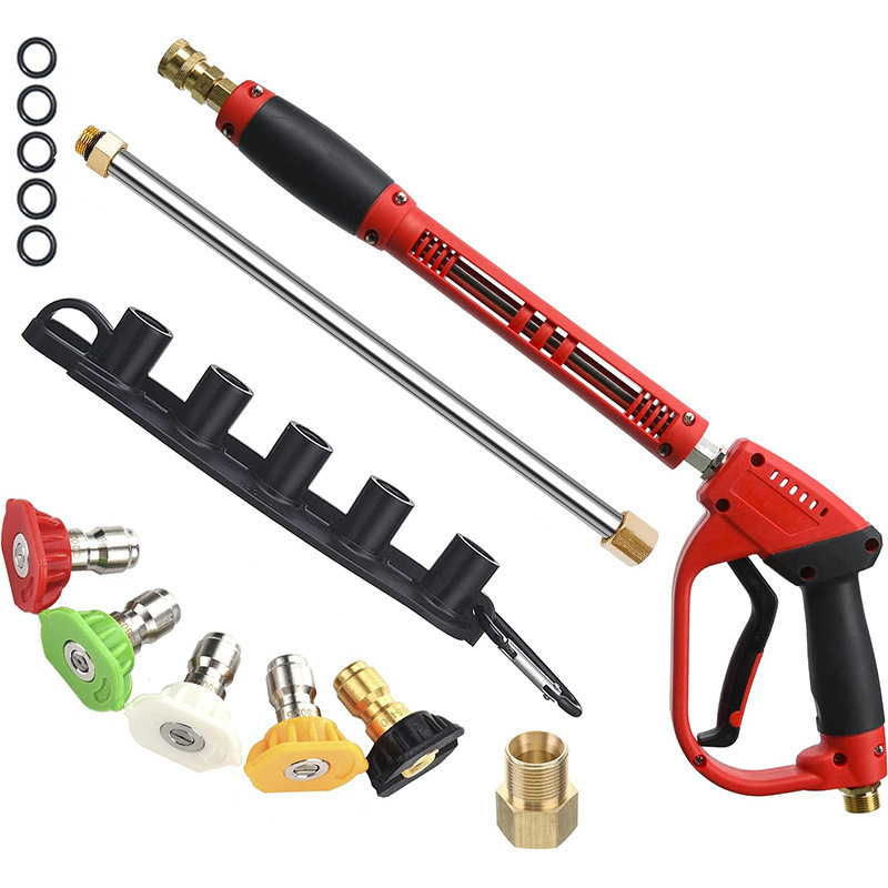 跨境新款高压红色大功率洗车水枪M22清洗机加长杆5个喷嘴5000PSI