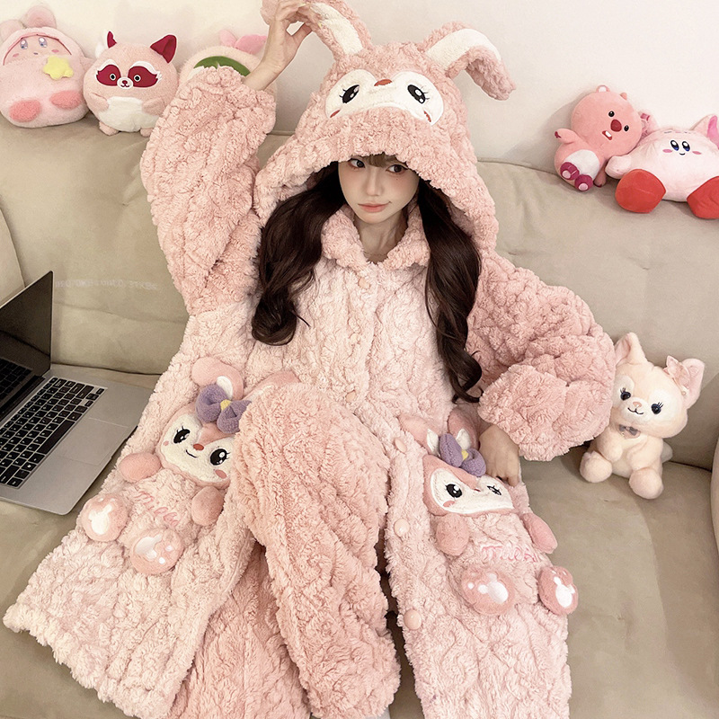 三层夹棉中长款睡袍睡衣女珊瑚绒秋冬季加绒加厚保暖家居服女套装