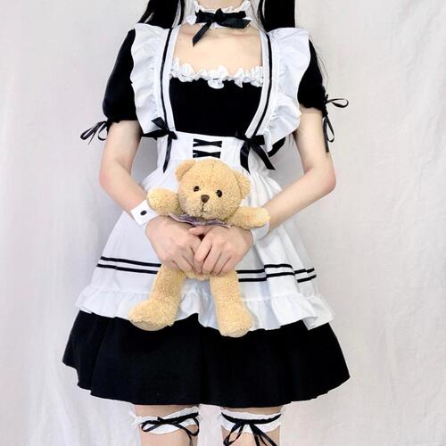new light tone girl maid Lolita black dress light tone girl cosplay maid outfit