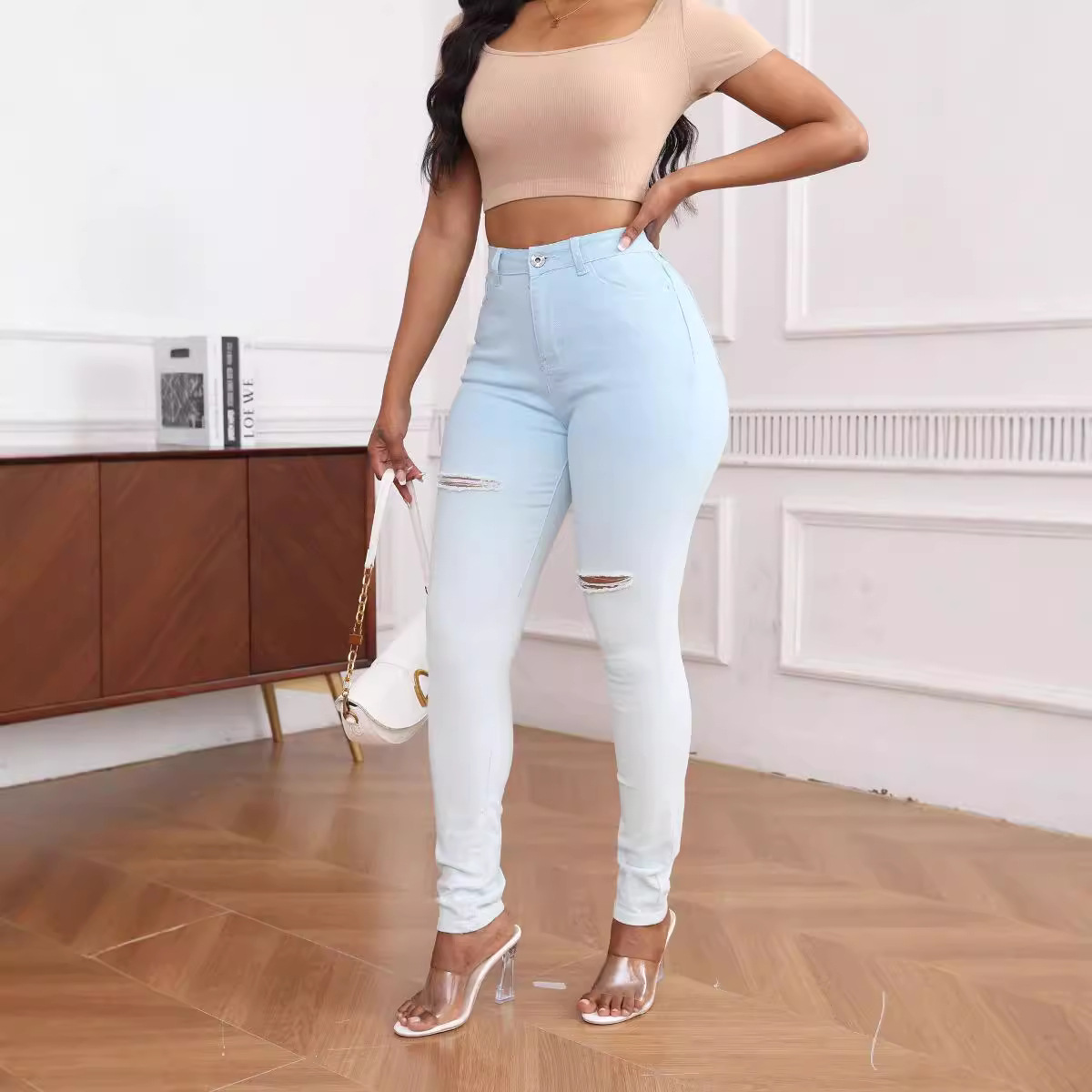 Comercio exterior agujero primavera y verano Amazon eBay blanqueado y teñido jeans azules y blancos jeans de cintura alta mujeres degradado personalizado nuevo