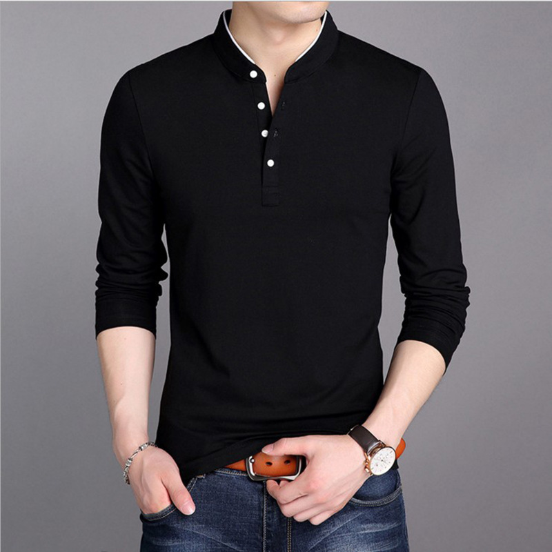 Los hombres de manga larga Camiseta personalizada cuello camisa de fondo de la primavera de color sólido coreano slim fit camiseta de los hombres de moda de comercio exterior