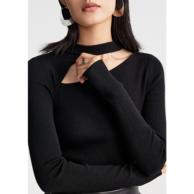 Fall into knitting 48 wool slim-fit collarbone hollow-out design sweater for women autumn and winter