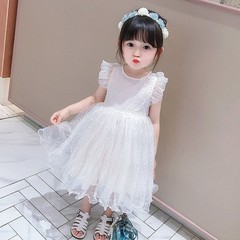 Children's Summer Short Sleeve Dress Girl 2024 New Style Backless Dress Net Overlay Skirt Korean Style Backless Dress Cotton