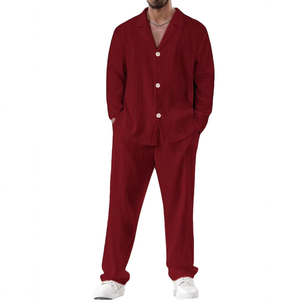 Nuevo transfronterizo de verano para hombres nuevo color sólido de mangas cortas camisa de mangas largas pantalones largos sueltos traje casual