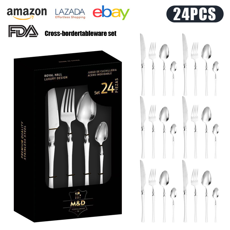 Cross-border Venta caliente de acero inoxidable vajilla traje caja de regalo cuchillo y tenedor conjunto de 24 piezas 6-Persona occidental vajilla cuchillo de carne cuchara de oro