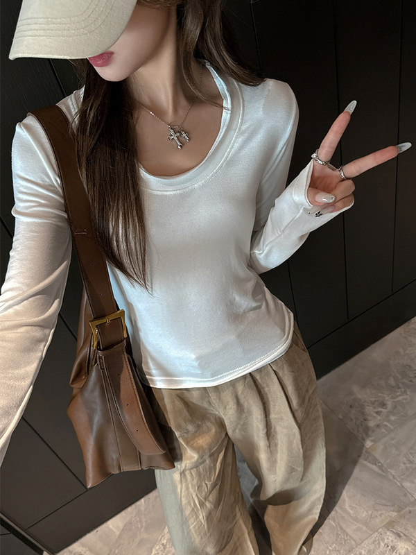 严选U领卷边正肩长袖t恤女式早秋设计感显瘦打底衫可外穿内搭上衣|undefined