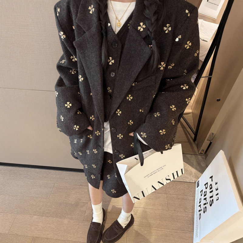 Atmospheric Golden Heavy Sequin Versatile Small Fragrance Suit Jacket/Pleated Skirt/Vest Three-Piece Set for Women New Style