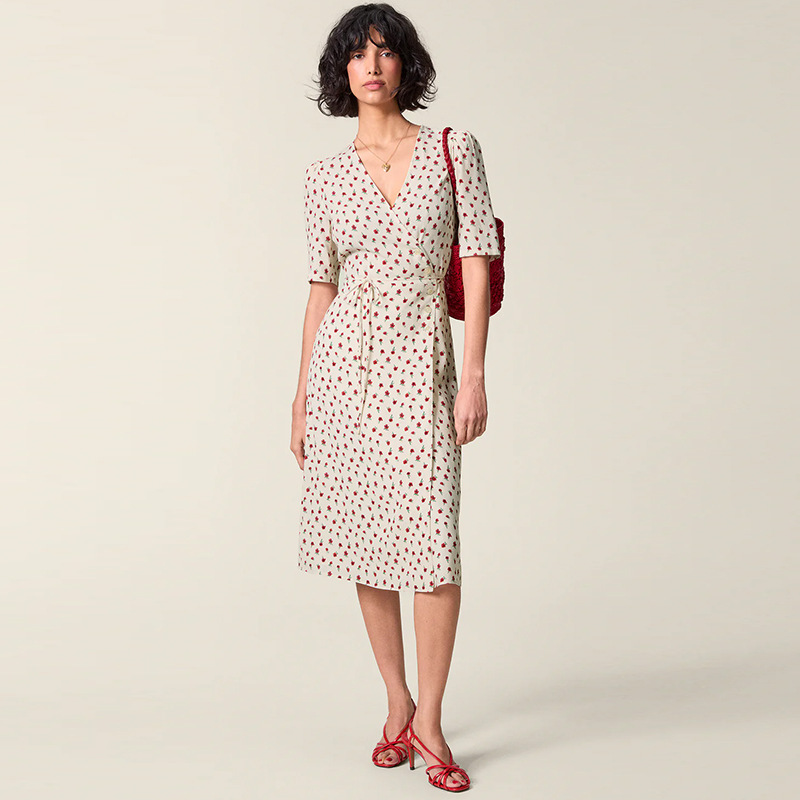 In Stock 114 Summer 2025 New Floral V Neck Short-Sleeved Mid-Length Dress French Tea Break Wrap Skirt Straps