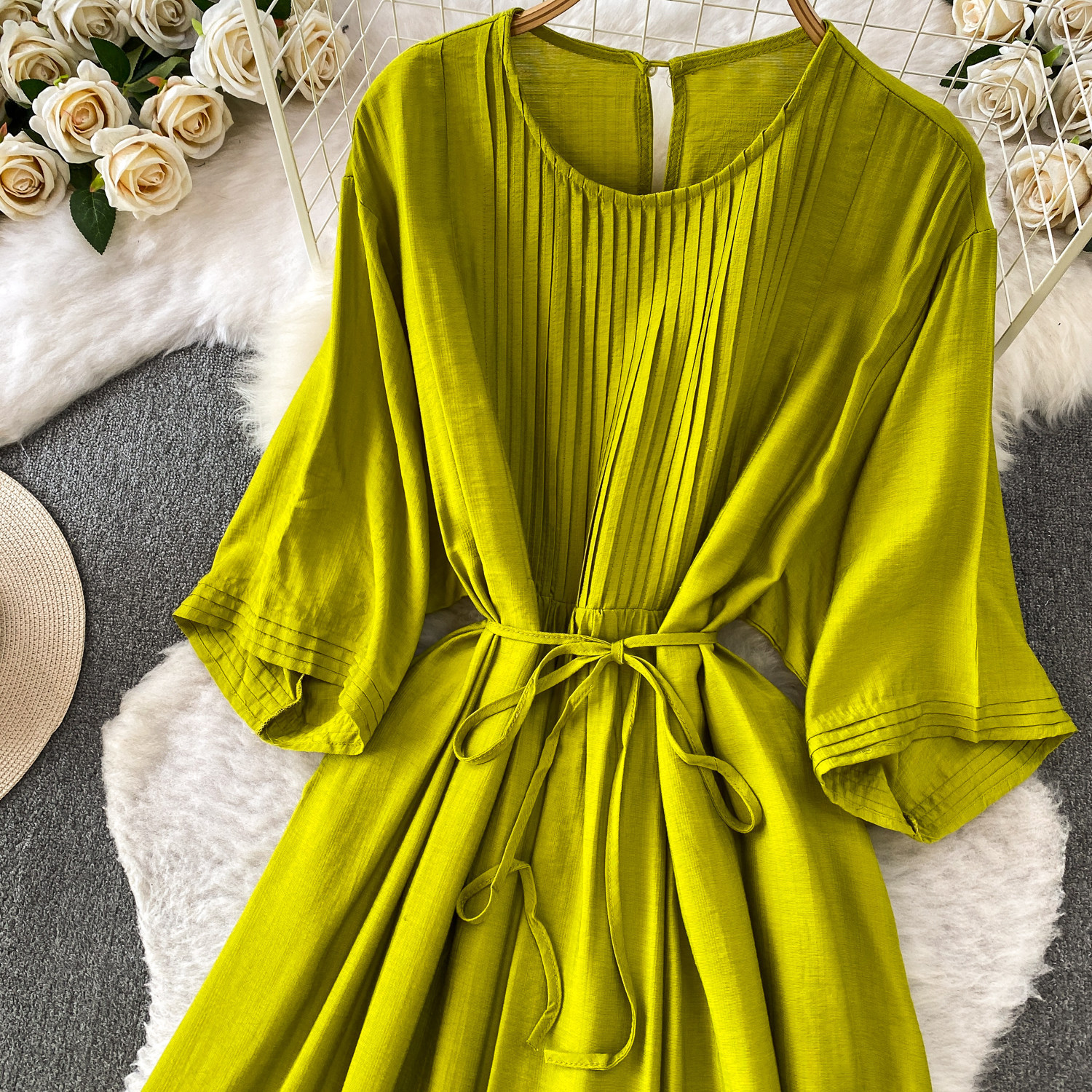 Elegant Pleated Round Neck Dress For Women Commuter Style Three Quarter Sleeve Slimming A-Line Long Skirt Casual Summer_ecoleips.com