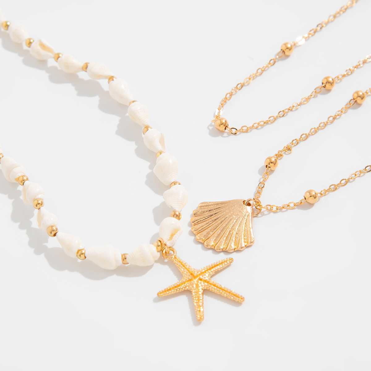 Colar multicamadas requintado com pérolas e estrela-do-mar 14k_voghion.com