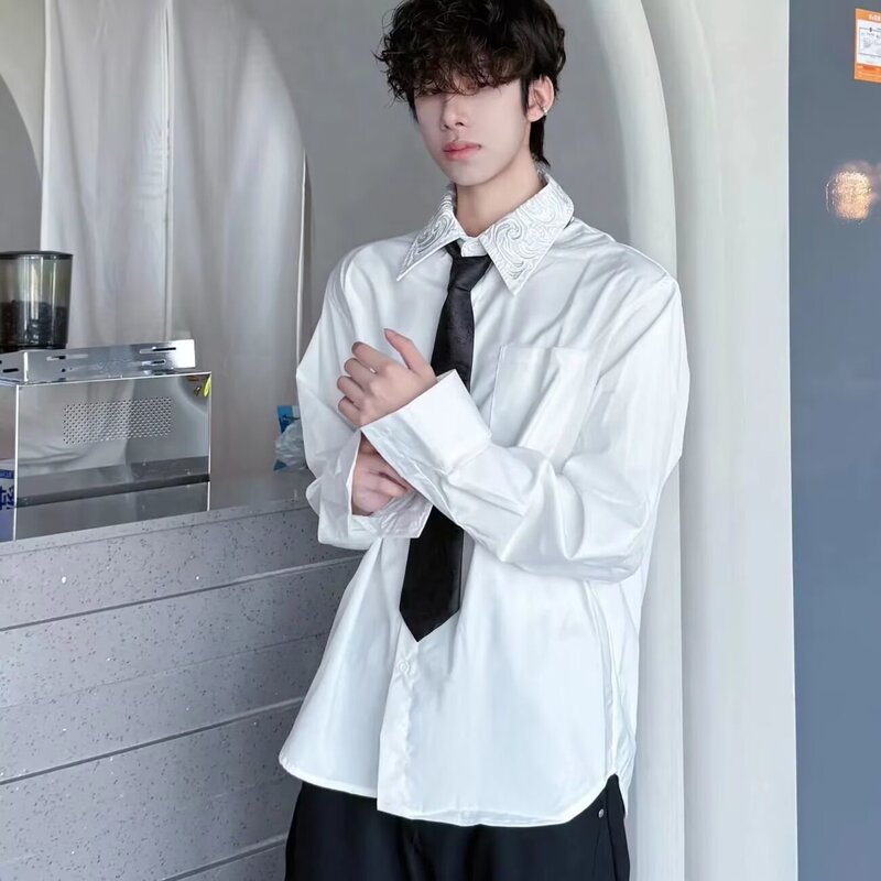 White Embroidered Floral Collar Shirt for Men, High-End, Stylish and Cool Design, American-Style Cleanfit Top, New Arrival White Embroidered Floral Collar Shirt for Men, High-End, Stylish and Cool Design, American-Style Cleanfit Top, New Arrival