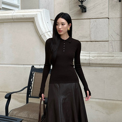 ELSISSI高级感POLO领长袖t恤上衣女2025秋季新款女装多纽扣针织衫