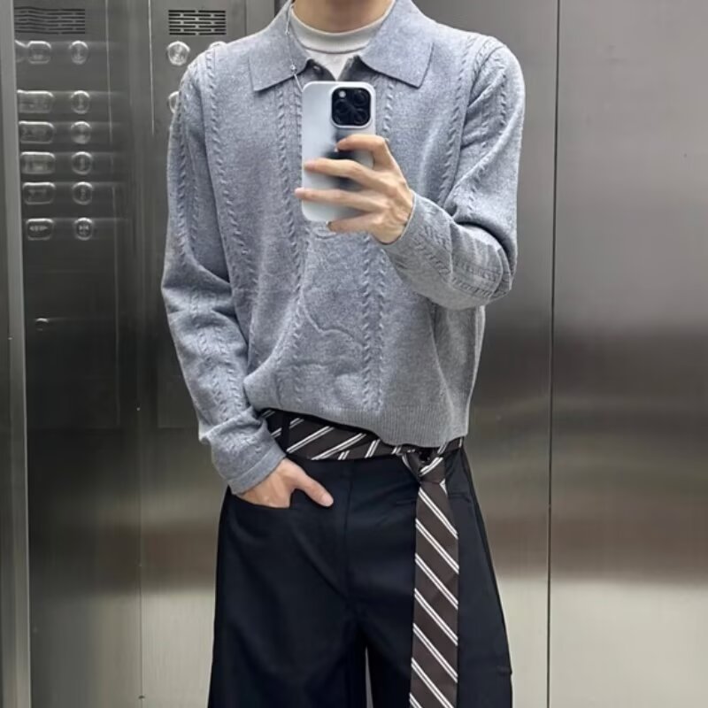 Men's Retro Knit Sweater, Oversized Collared Pullover In Grey_voghion.com