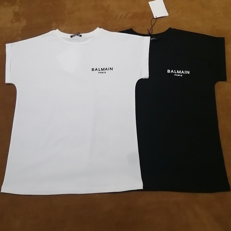 Balmain Women's Sleeve T-Shirt Logo Flocked Small Letters Slimming Look Round Neck One-Piece Sleeves with Balmain Short Sleeves