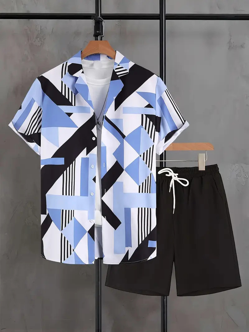 Transfronterizo 2024 nuevo estilo Amazon moda europea y americana casual todo fósforo manga corta cuello cubano pantalones cortos traje MB05 MA1