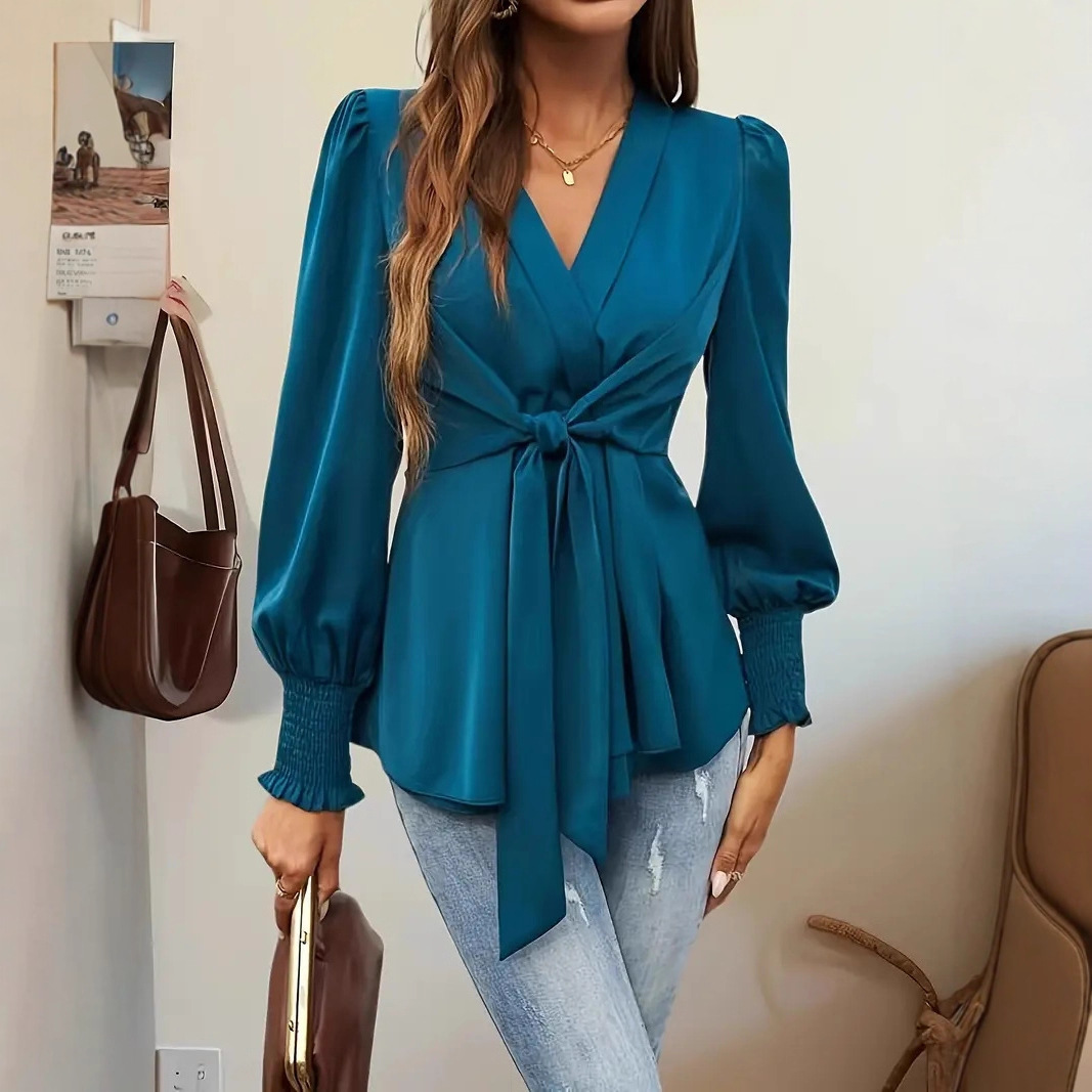 2025 Autumn New European and American Cross-Border Foreign Trade Amazon Elegant V-Neck Tie Waist Solid Color Women's Shirt