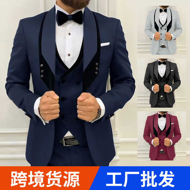 Foreign Trade Amazon Men's Suit Set Slim Fit Business Light Luxury Three-Piece Suit for Banquets, Weddings, and Groom Attire Foreign Trade Amazon Men's Suit Set Slim Fit Business Light Luxury Three-Piece Suit for Banquets, Weddings, and Groom Attire