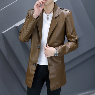 Cross-border Supply Suit Collar Mid-length PU Leather Men's 2023 Spring New Youth Slim-fit Mid-length Jacket