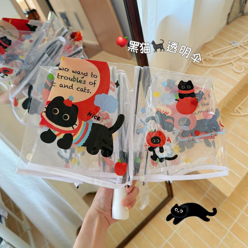 in stock Cartoon Umbrella Transparent Long Handle Ins Automatic Fresh and Cute Folding Children's Thickened Niche Umbrella for Students