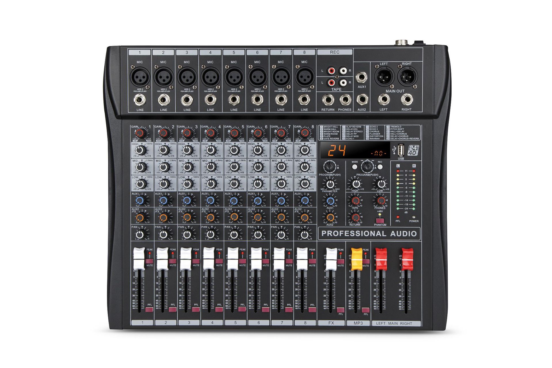 8-Channel Digital Mixing Console with Built-in DSP Effects, USB Bluetooth Reverb, Stage Bar Performance, Wedding, KTV Mixing Console