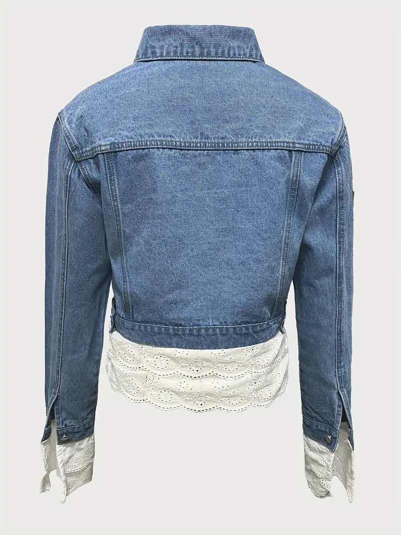 Women's Denim Jacket Plus Size Lace Patchwork Long Sleeve Top_voghion.com