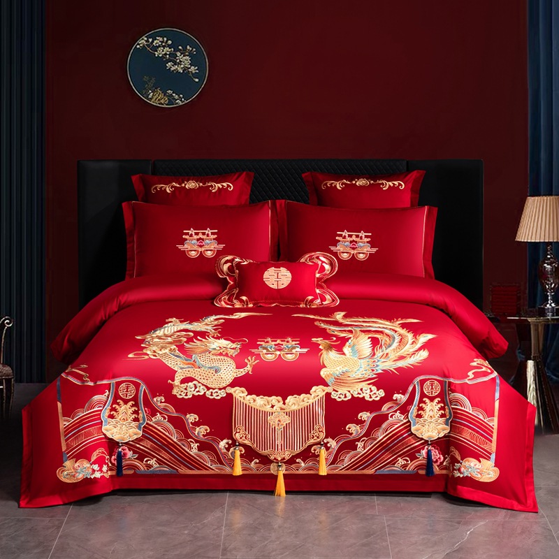 algodón molido de alta gama, bordado de bodas, algodón puro, cuatro piezas, ropa de cama de boda roja, lujo ligero