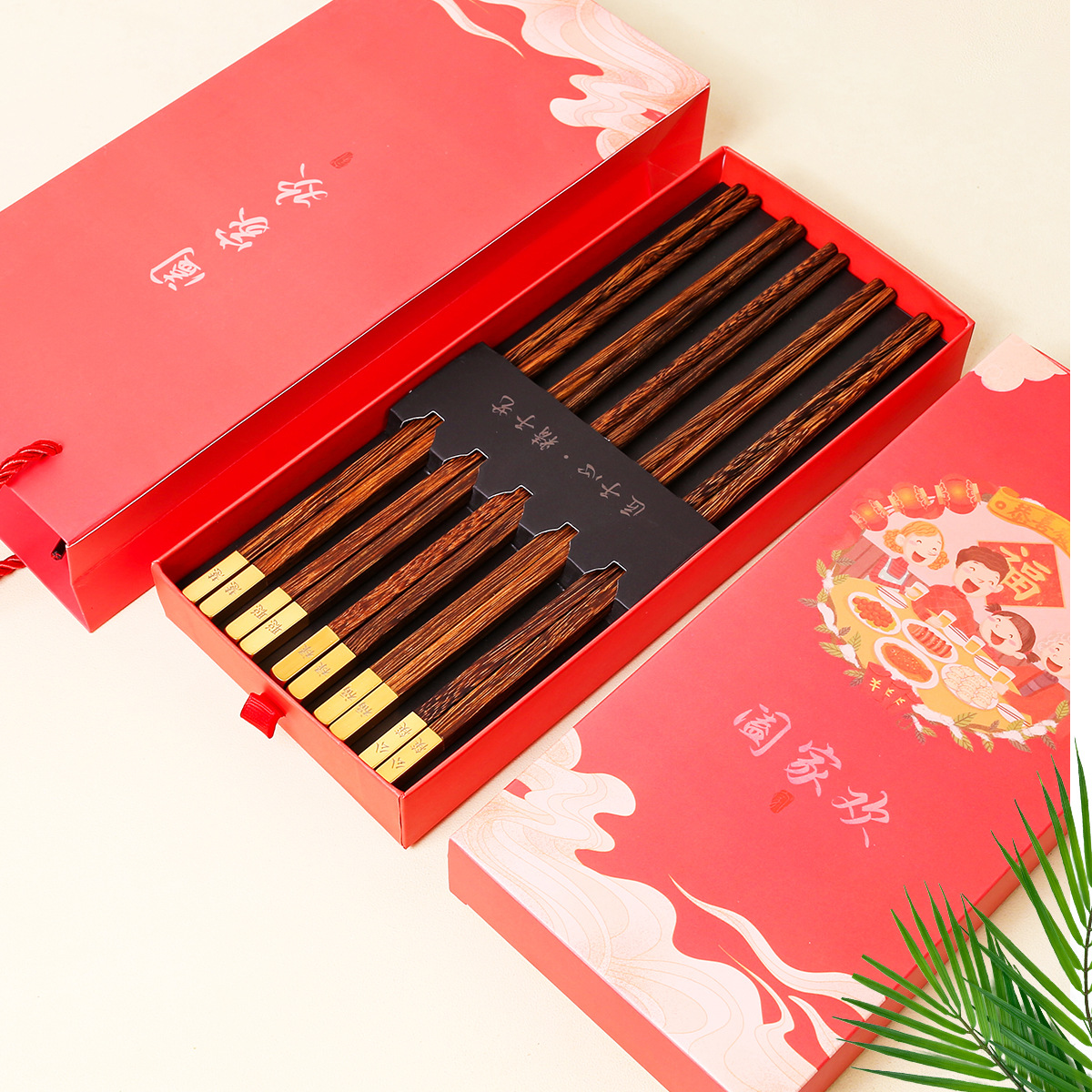 2024 dragón año apertura palillos rojos regalo de mano palillos de madera maciza familia feliz regalo traje conjunto LOGO en stock al por mayor