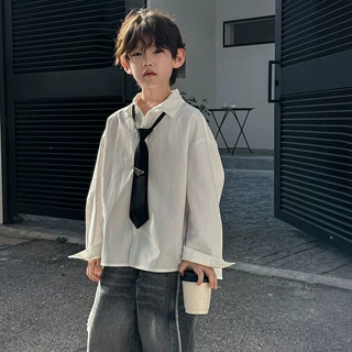棉小铺衬衫儿童秋季韩版2026新款童装简潮休闲白衬衣纯色宽松翻领