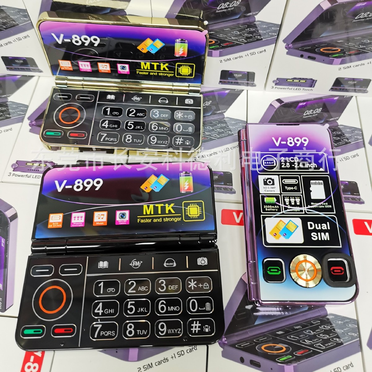 跨境新款V-899翻盖手机 双屏幕侧翻按键外文手机 旋转i19Pro手机