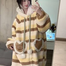 可爱黄条纹女生睡衣秋冬季保暖加厚珊瑚绒睡袍睡裤两件套家居服