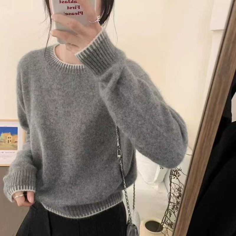 Merino 100% Wool Sweater for Women, Round Neck Gray Sweater, Autumn and Winter New European Style Cashmere High-End Knitted Base Shirt Merino 100% Wool Sweater for Women, Round Neck Gray Sweater, Autumn and Winter New European Style Cashmere High-End Knitted Base Shirt