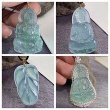 天然a货翡翠冰蓝水危料高端18K金镶嵌925银围镶水钻素衣观音孤品