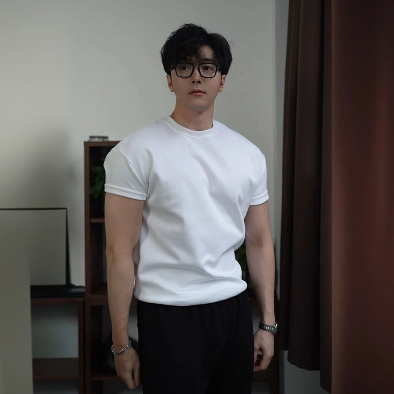 Cotton T-Shirt with Cuffed Sleeves for Men, Summer Style, Sexy and Muscular Fitness Short-Sleeve Top